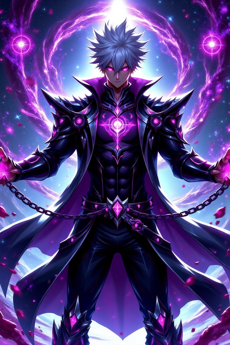 "Create an anime-style illustration of a muscular young male character with spiky white hair,  glowing purple eyes,  and a...