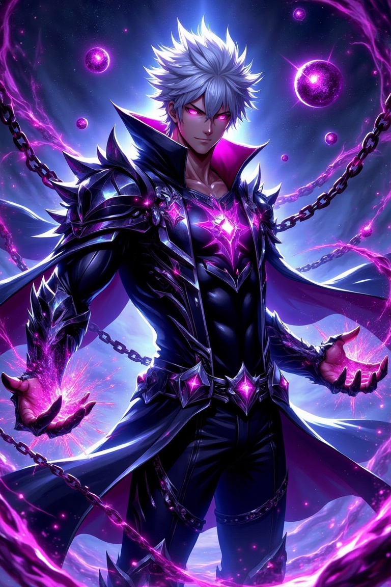 "Create an anime-style illustration of a muscular young male character with spiky white hair,  glowing purple eyes,  and a...
