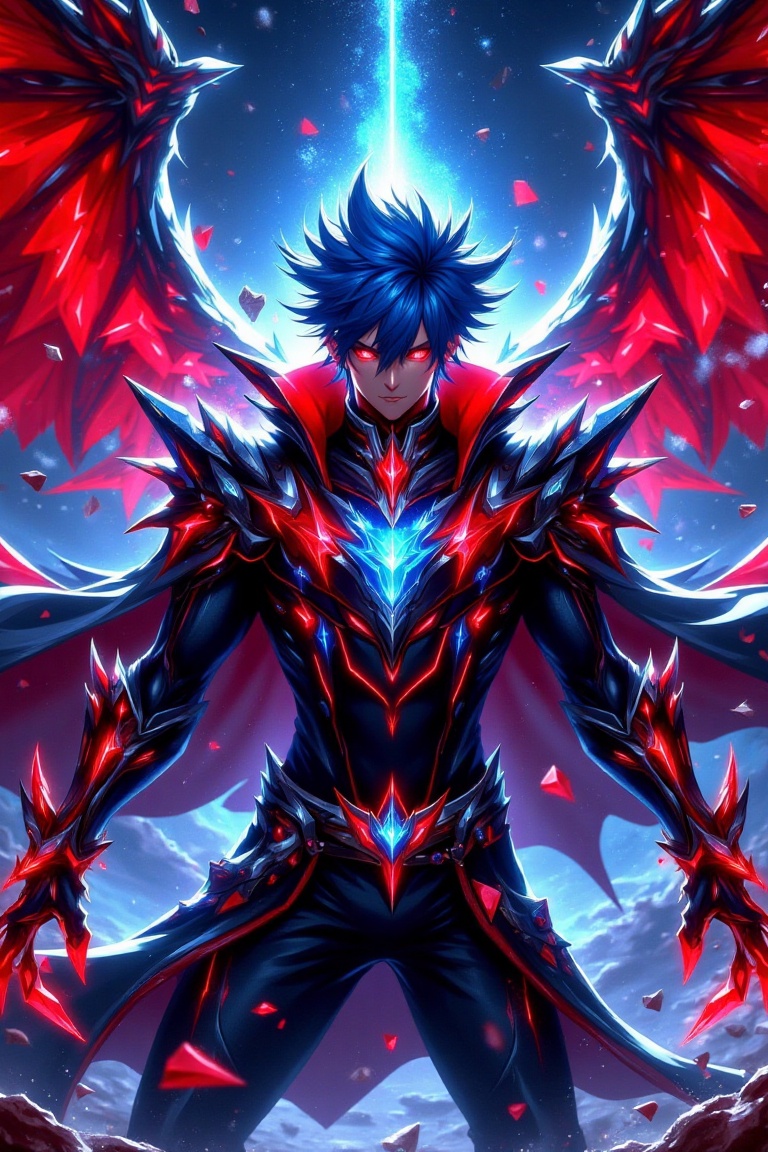 The image depicts a striking fantasy character with an intense,  otherworldly presence. The character is a young male with...