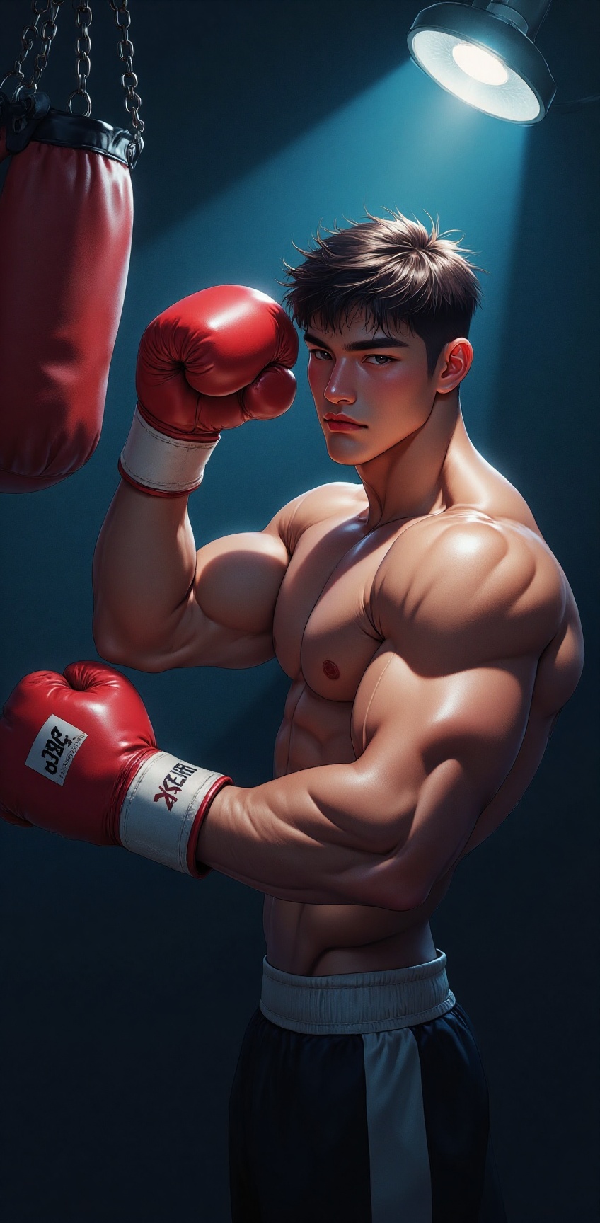 A strong,  shirtless boxer training under a single spotlight,  throwing powerful punches at a heavy bag. His focused expre...