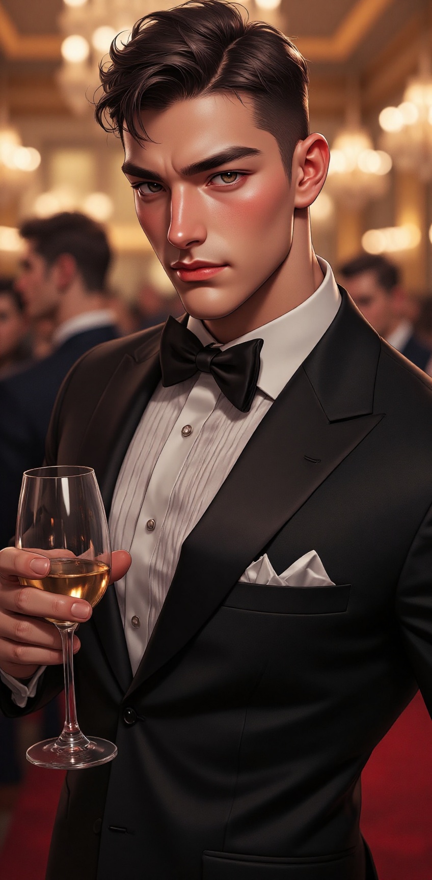 A charismatic,  muscular man in a classic tuxedo,  standing at a grand gala event. He holds a glass of wine with a charmin...