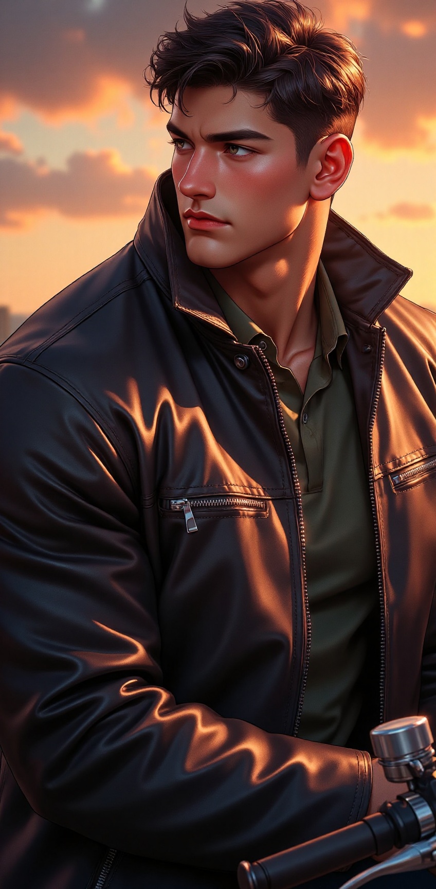 A rugged,  well-built man in a leather jacket sitting on a powerful motorcycle,  looking off into the horizon. The sunset...
