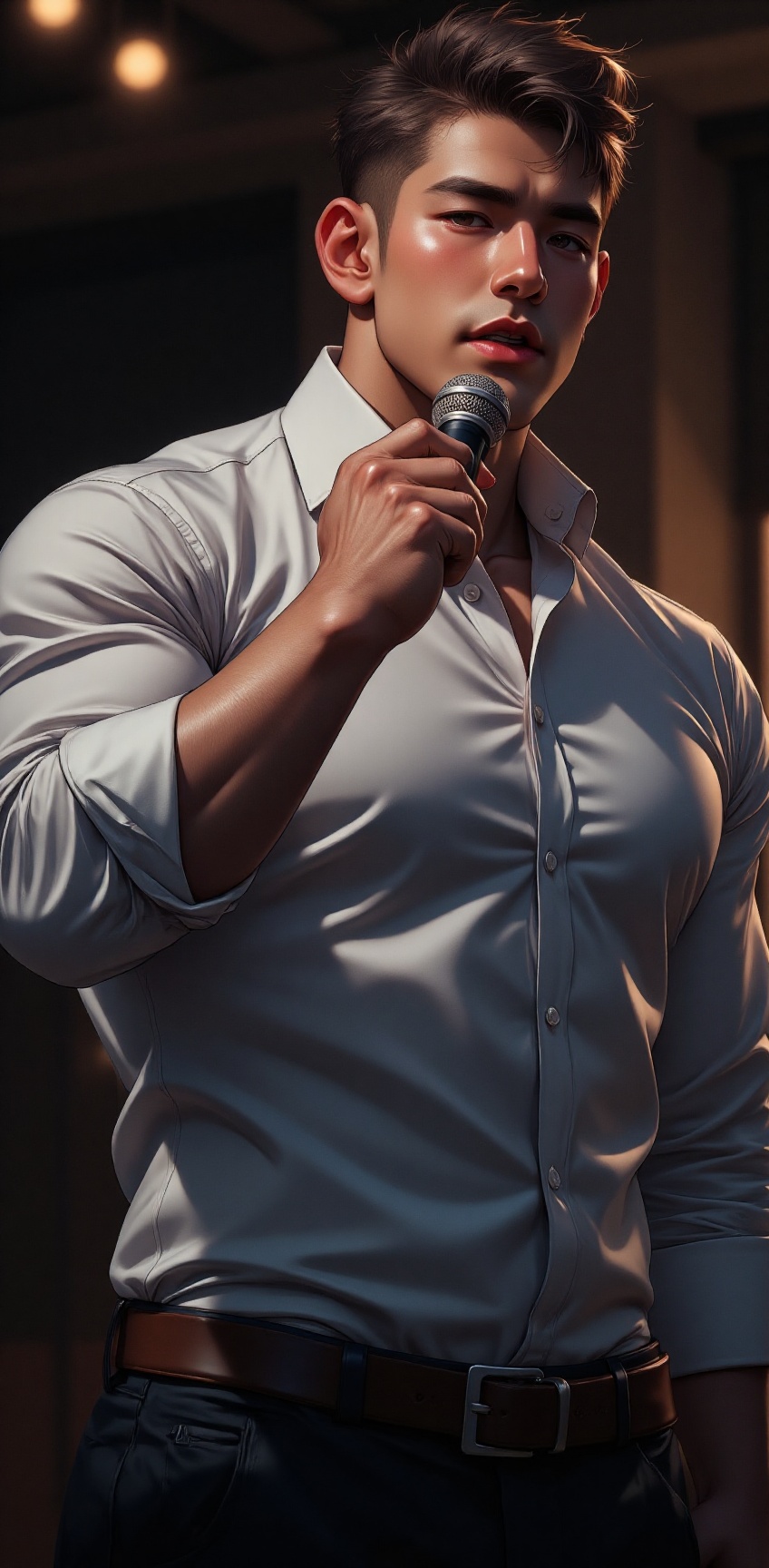 A confident,  muscular man standing on a stage,  delivering an inspiring speech to a crowd. He wears a fitted dress shirt...