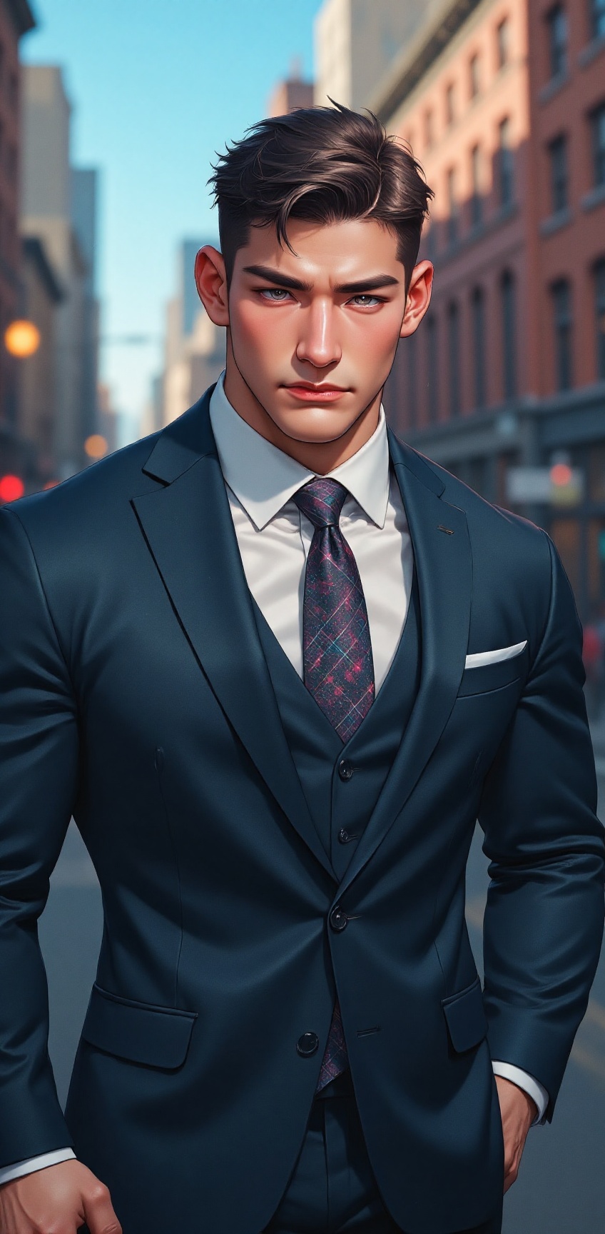 A tall,  muscular man in a perfectly tailored three-piece suit,  walking confidently through a busy city street. His sharp...