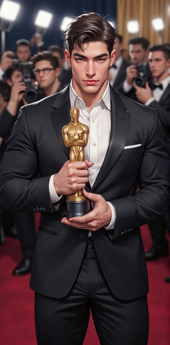 A striking full-body illustration of a muscular man in a perfectly tailored tuxedo,  dynamically posing on the red carpet...