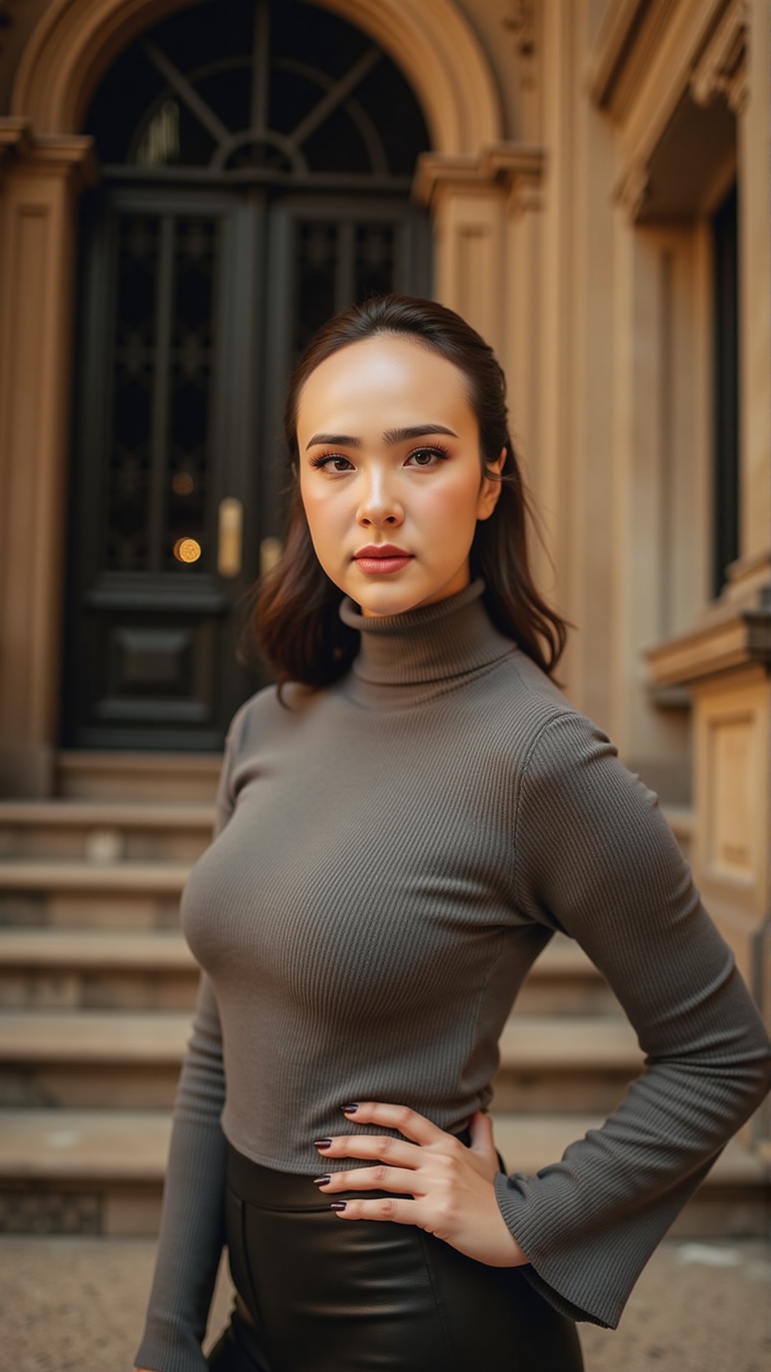 A stunning young woman with a poised and elegant demeanor is captured in a close-up upper-body shot,  standing confidently...