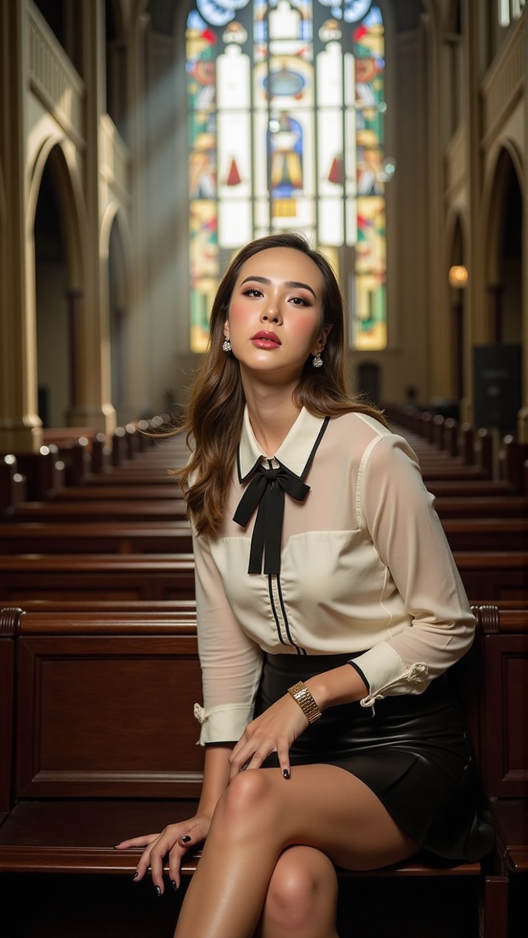 A stunning young woman with fair skin and long,  sleek brown hair sits elegantly on a dark wooden church pew,  bathed in t...