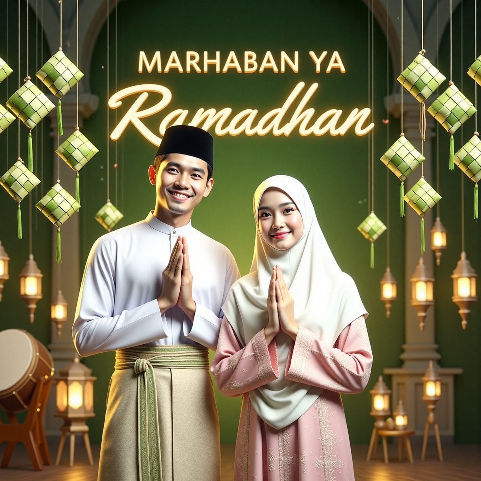 A high-resolution,  realistic closeup image of an Indonesian man in a white baju koko and sarong,  and a woman in a pastel...