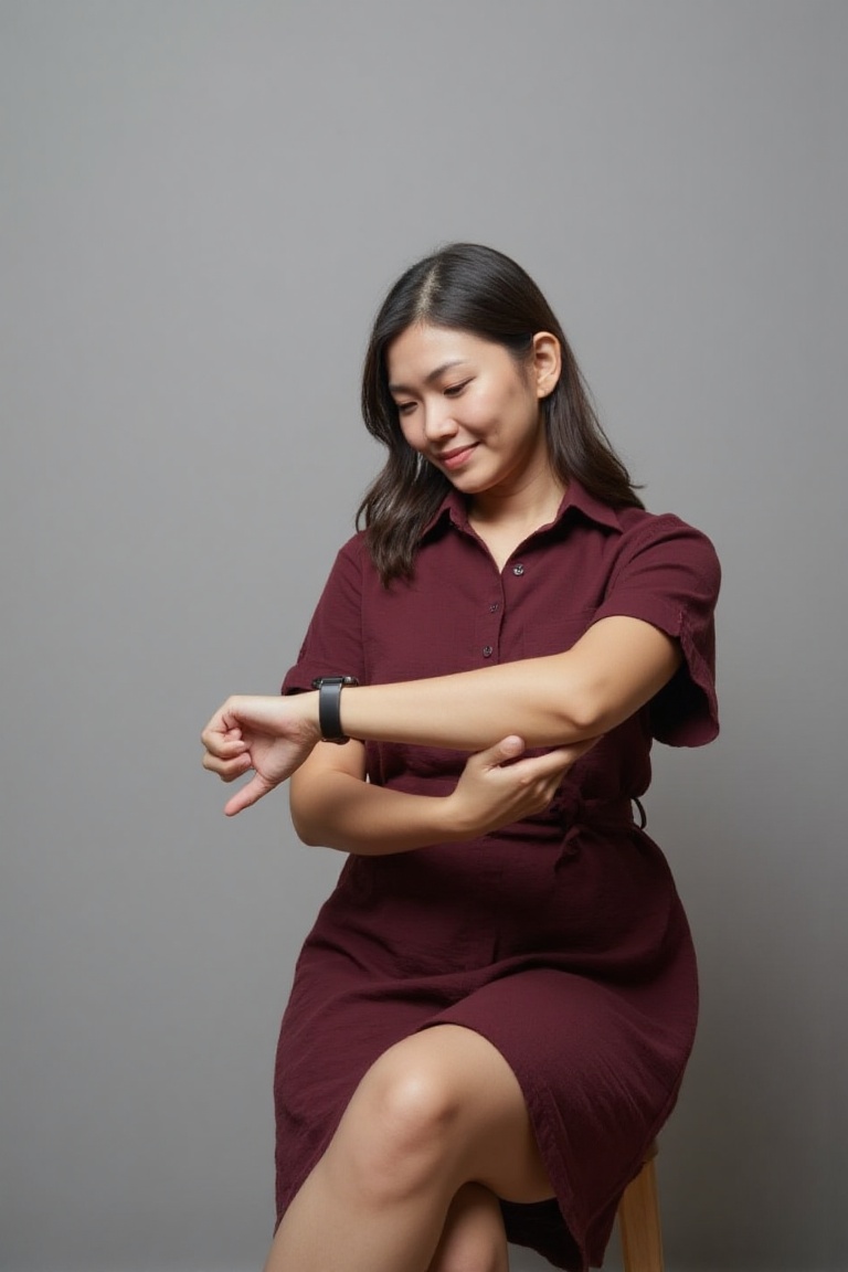The image shows a person wearing a maroon dress with short sleeves and a collar. The person is seated and appears to be ch...