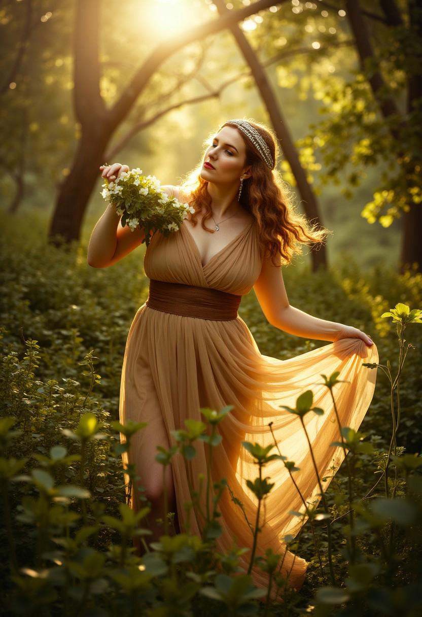 The woman stands amidst the lush greenery of an enchanted forest,  her movements slow and deliberate as she catches sight...