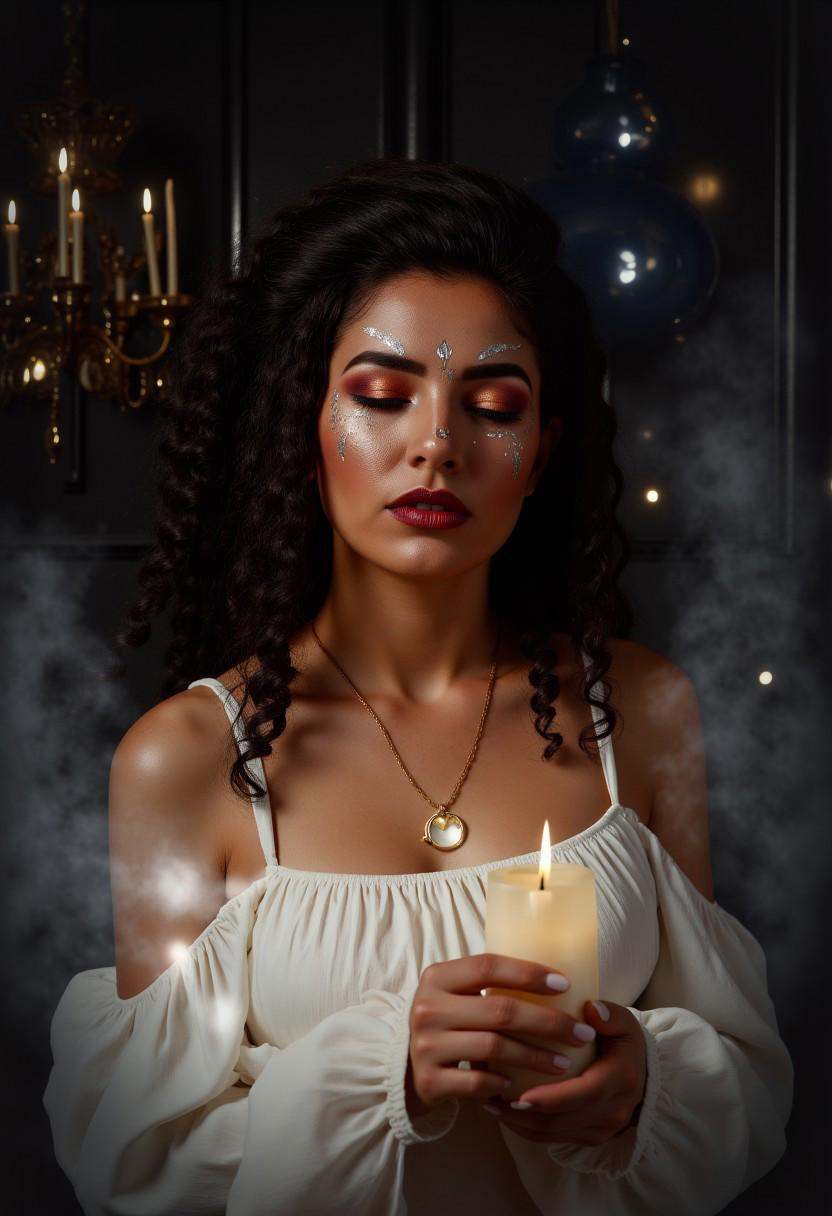 This is a highly detailed,  dreamy photograph of a young woman with a medium brown skin tone and curly,  voluminous dark h...