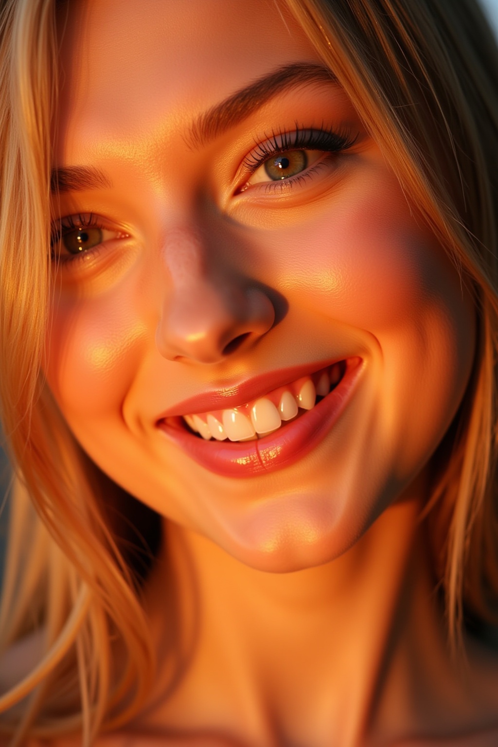 Close-up of a 22-year-old woman's radiant face,  sidelit by warm golden light that highlights her charming smile. The came...