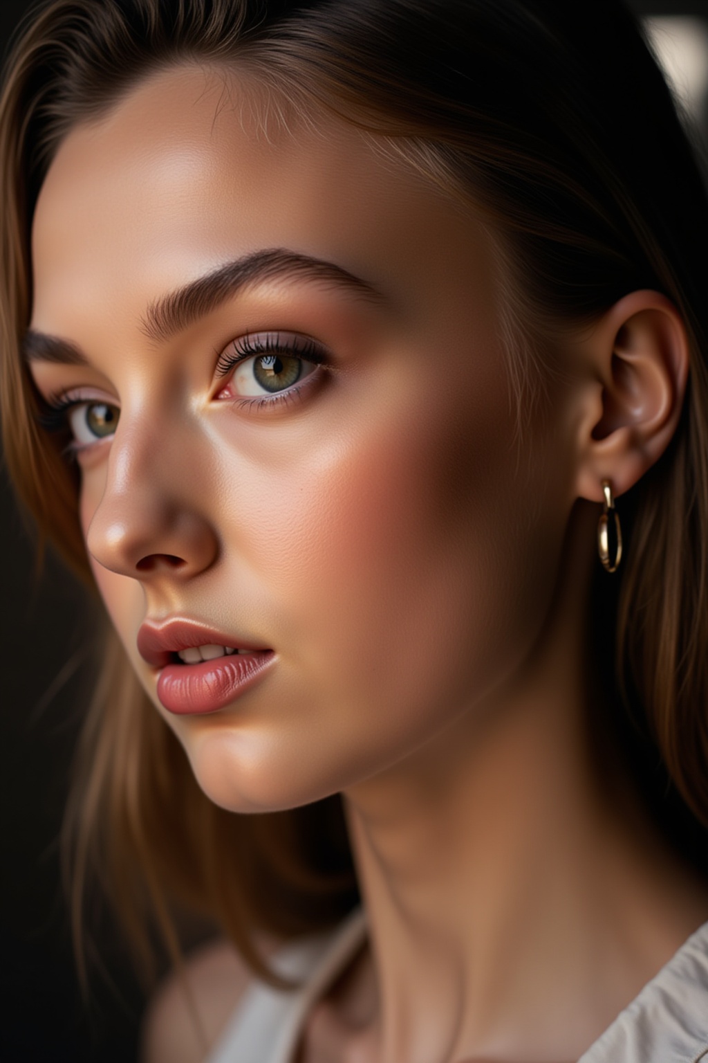 A young woman's enigmatic expression plays on her lips,  hinting at a subtle smile as soft sidelight illuminates her featu...