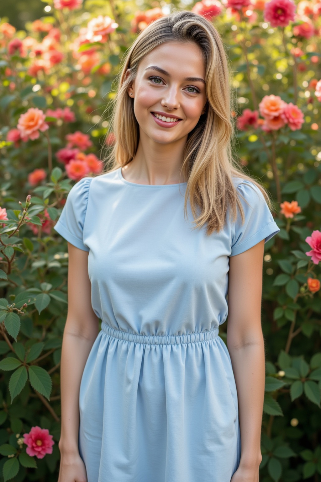 A serene Caucasian beauty stands amidst a lush floral garden,  vibrant petals surrounding her like a whimsical aura. She w...
