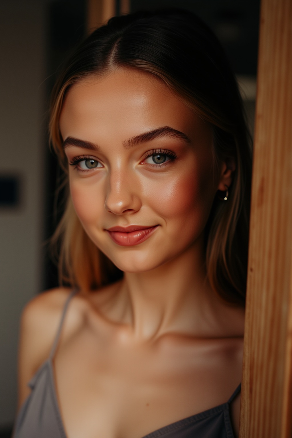 A 22-year-old woman with a faint smile,  wearing a one-piece dress,  is illuminated by soft sidelight on Tensor.Art