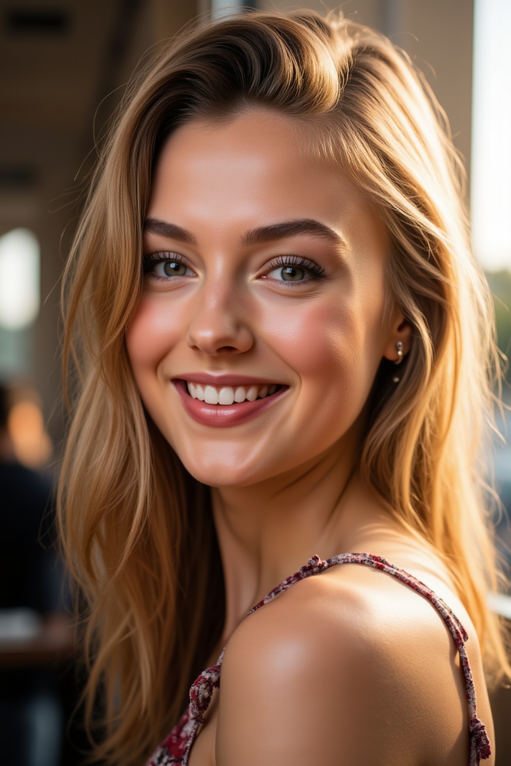 A 22-year-old woman with a charming smile,  sidelit by warm golden light,  is captured in a dynamic close-up shot. Her fea...