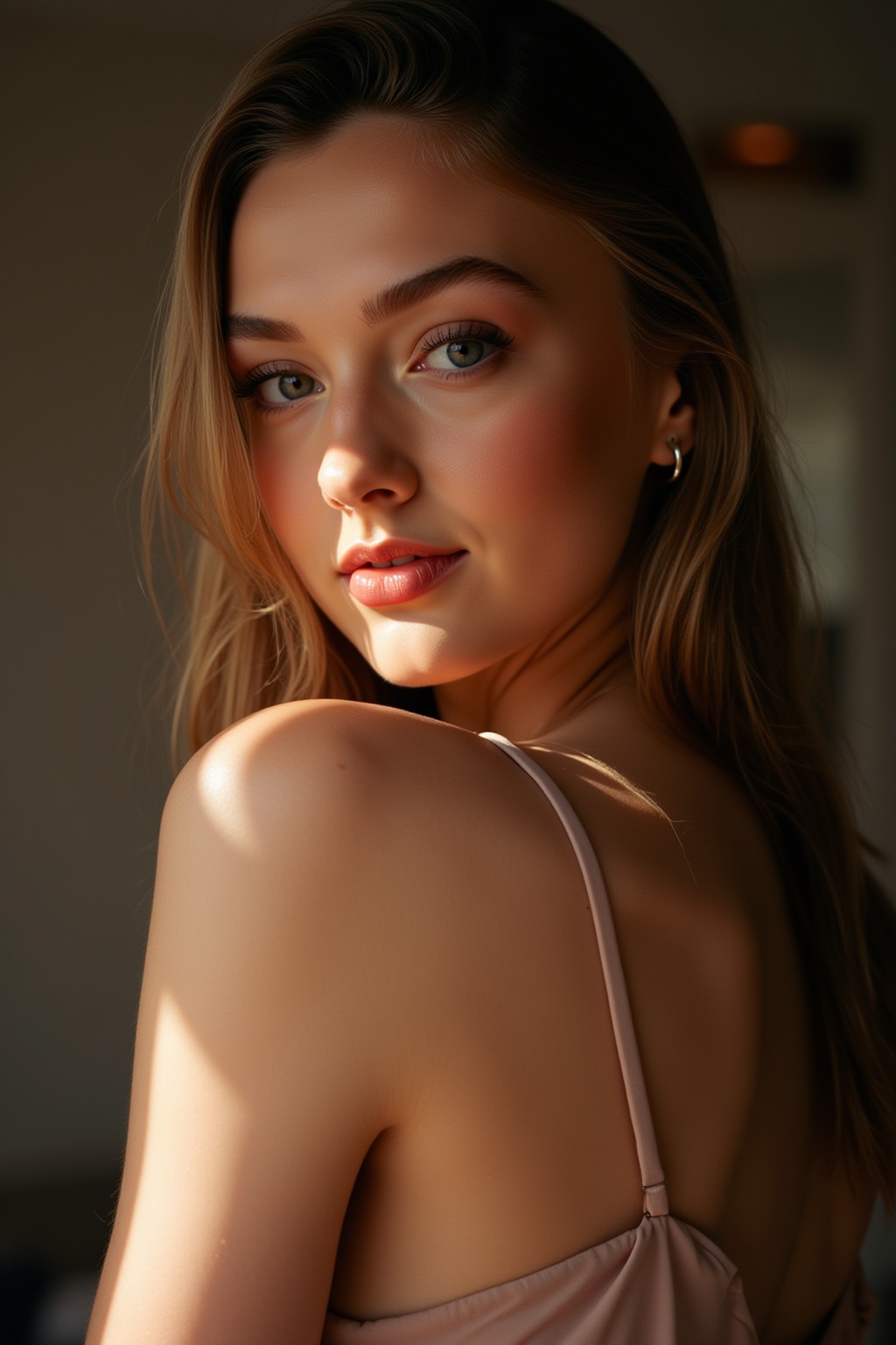 A 22-year-old woman with a faint smile,  wearing a one-piece dress,  is illuminated by soft sidelight on Tensor.Art
