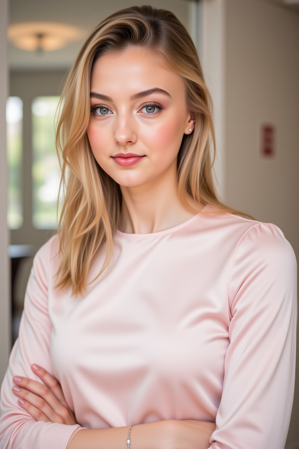 Capture a young blonde woman,  22 years old,  with flawless and radiant complexion on Tensor.Art