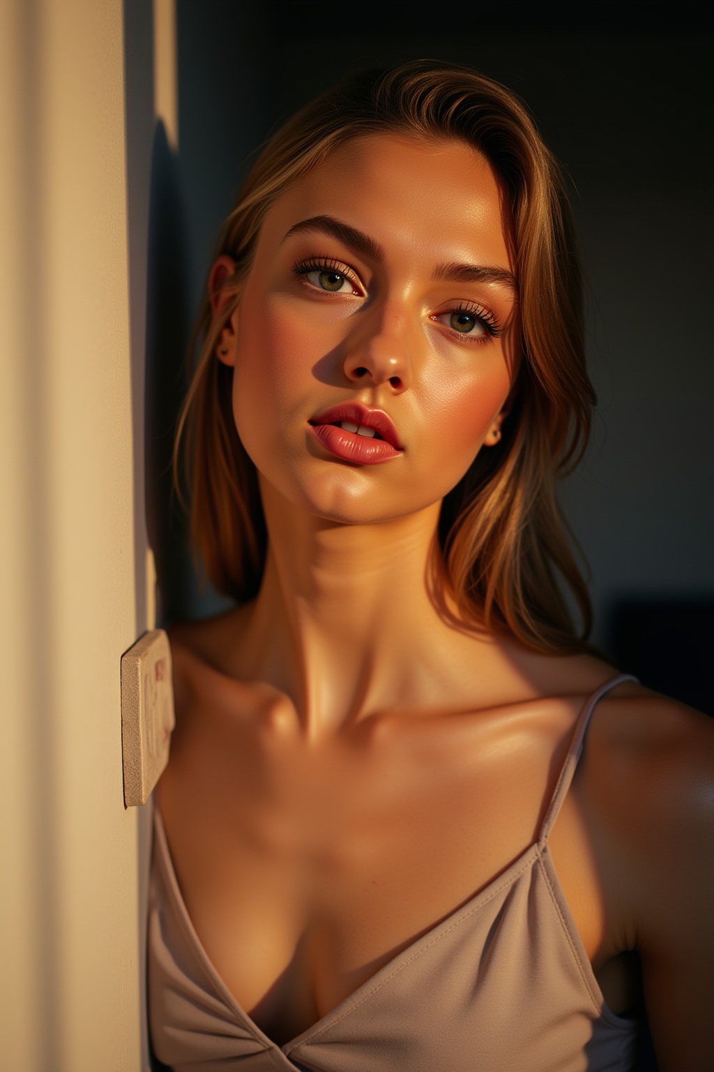 A 22-year-old woman's enigmatic expression,  subtly illuminated by soft,  golden light on Tensor.Art