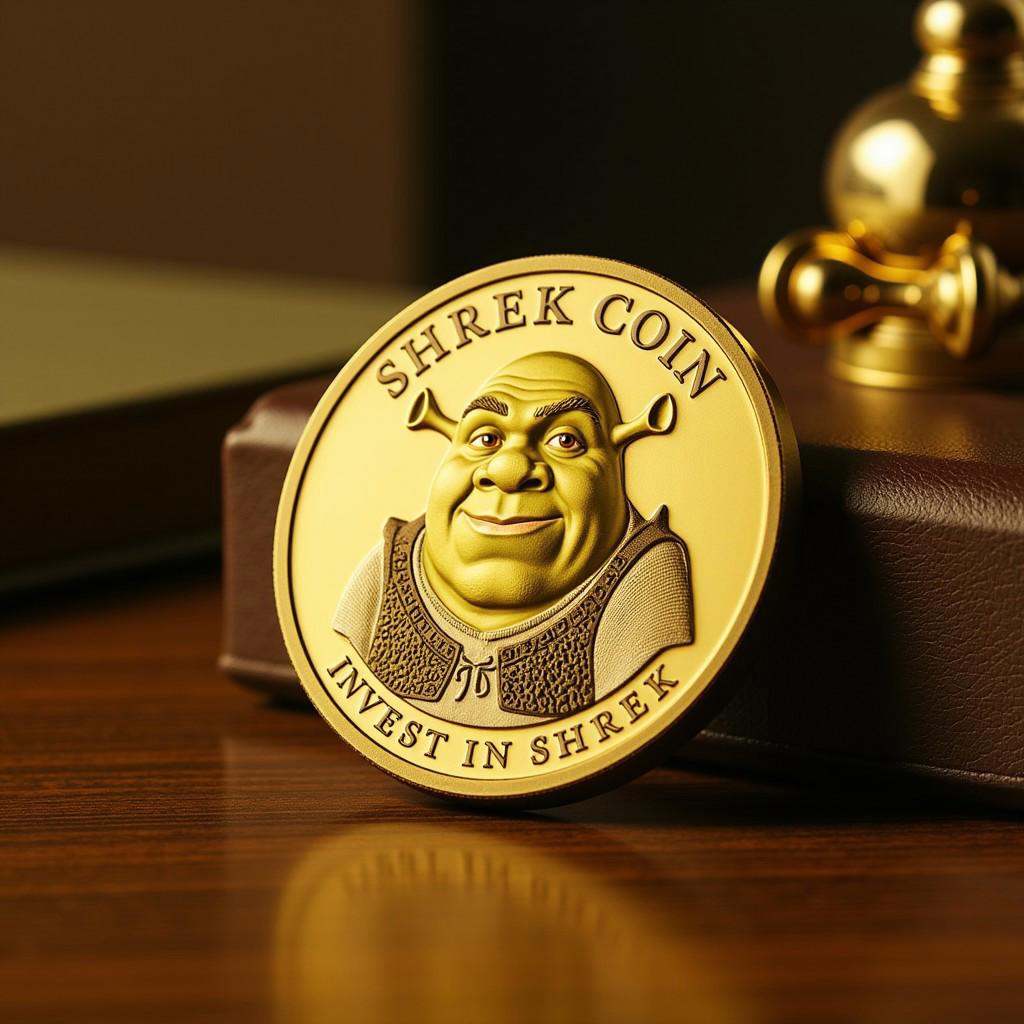 Photo of the coin on the table that features of TheC0in,  the coin made out of gold that has a depiction of Shrek carved a...