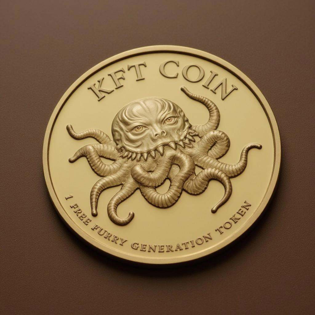 Photo of the coin on the table that features of TheC0in,  the coin made out of gold that has a depiction of 8-tentacled oc...