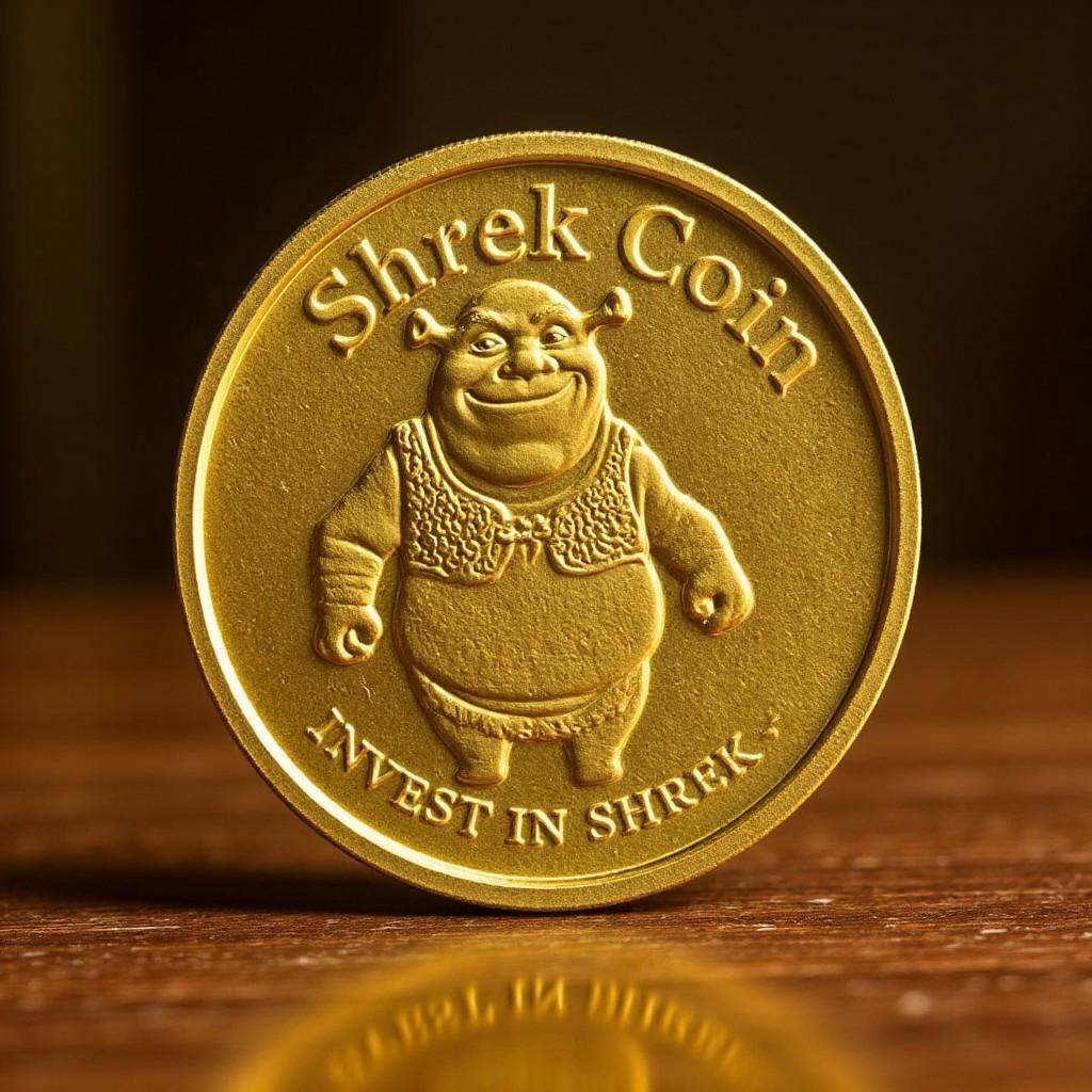 Photo of the coin on the table that features of TheC0in,  the coin made out of gold that has a depiction of Shrek carved a...