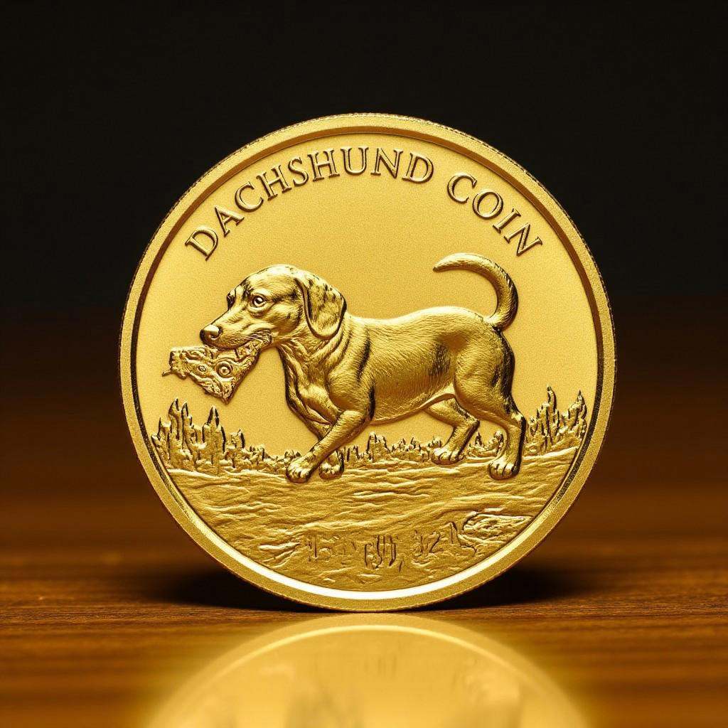 Photo of the coin on the table that features of TheC0in,  the coin made out of gold that has a depiction of dachshund runn...