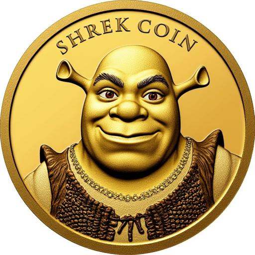 The image that features of TheC0in,  the coin made out of gold that has a depiction of Shrek carved at the center of it an...