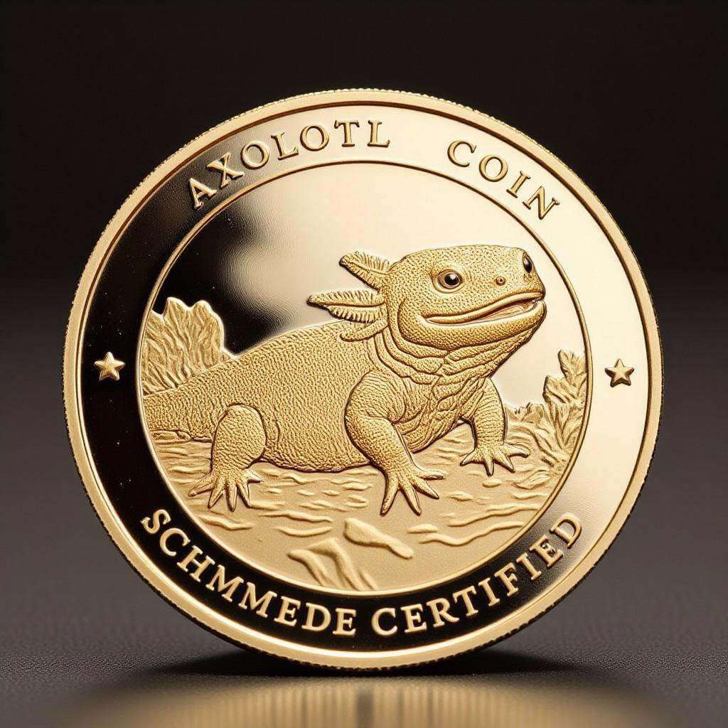 Photo of the coin on the table that features of TheC0in,  the coin made out of gold that has a depiction of axolotl carved...
