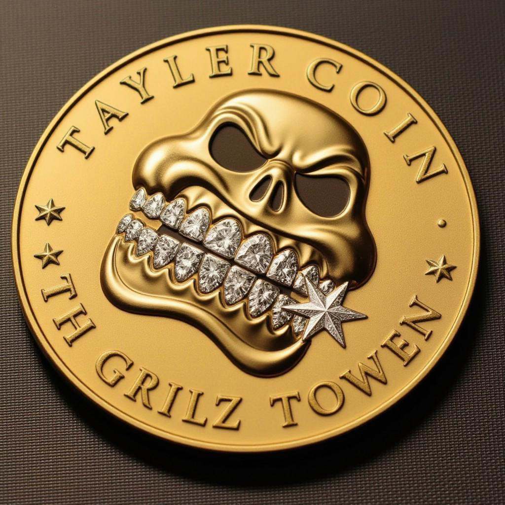 Photo of the coin on the table that features of TheC0in,  the coin made out of gold that has a depiction of the Gr!llz,  g...