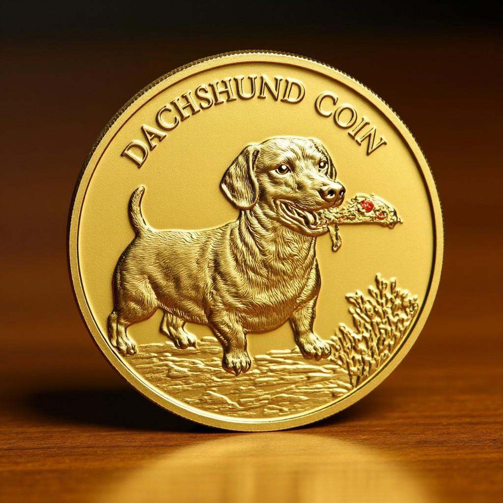 Photo of the coin on the table that features of TheC0in,  the coin made out of gold that has a depiction of dachshund runn...