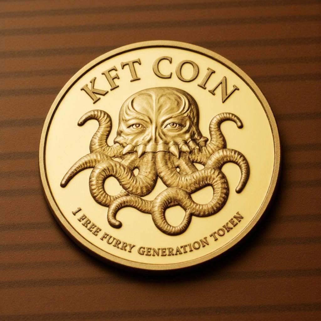 Photo of the coin on the table that features of TheC0in,  the coin made out of gold that has a depiction of 8-tentacled oc...