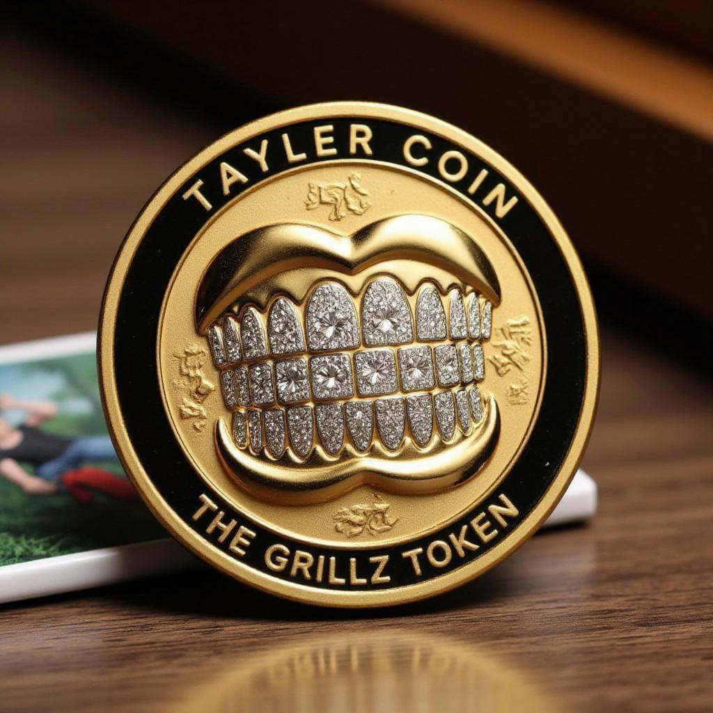 Photo of the coin on the table that features of TheC0in,  the coin made out of gold that has a depiction of the Gr!llz,  g...