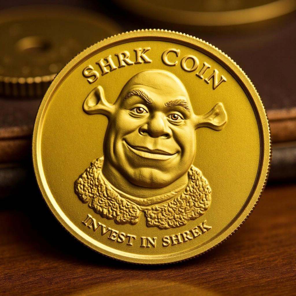 Photo of the coin on the table that features of TheC0in,  the coin made out of gold that has a depiction of Shrek carved a...