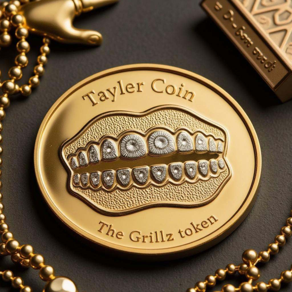 Photo of the coin on the table that features of TheC0in,  the coin made out of gold that has a depiction of the Gr!llz,  g...