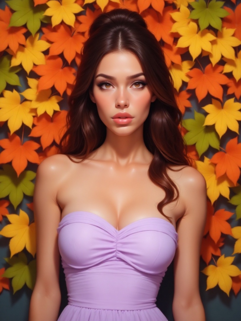 Pony Style,  A woman is standing in front of a colorful backdrop. The woman is wearing a light purple strapless dress. Her...