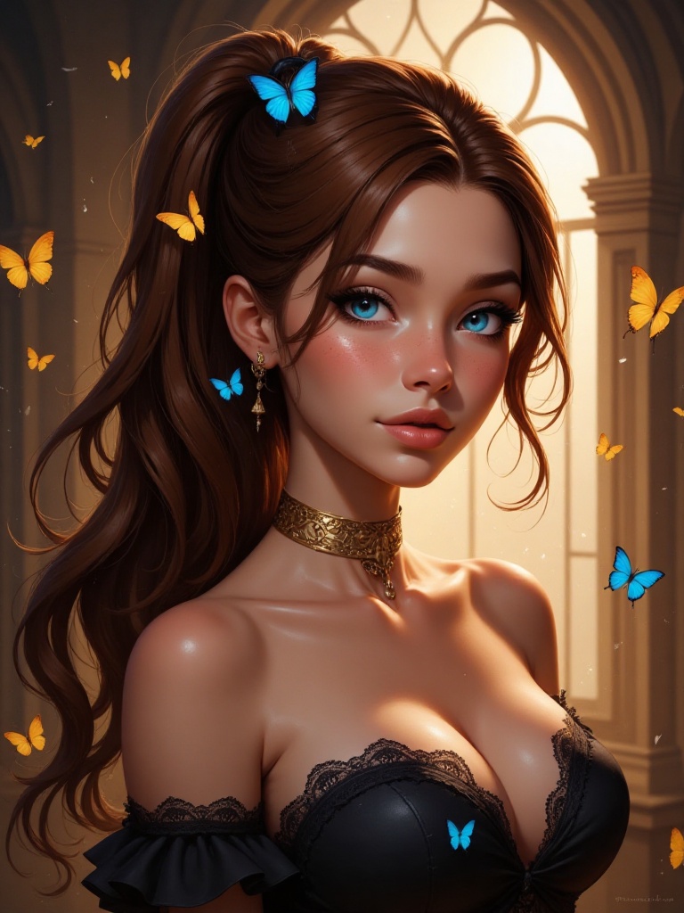 Pony Style,  Stunning fantasy-style portrait of a young woman with long,  wavy dark brown hair adorned with golden and blu...