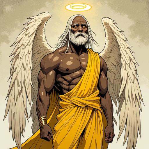 Picture in Sinozicklabstylemix that focuses on muscular,  dark-skinned male,  4 winged angel wearing a yellow suit with st...