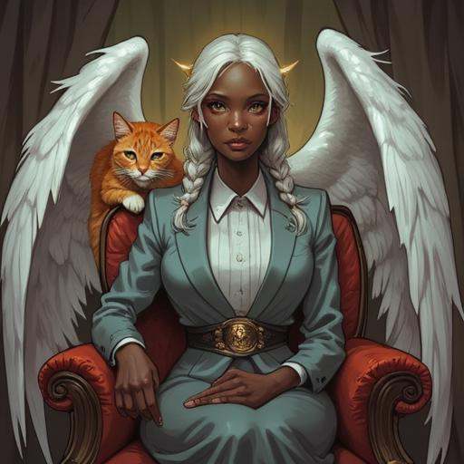 Picture in Sinozicklabstylemix that focuses on dark-skinned female angel,  with 2 wings,  she is wearing a grey suit on Te...