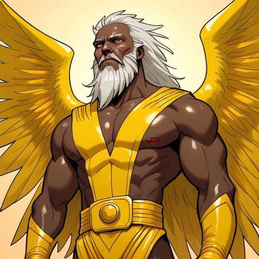 Picture in Sinozicklabstylemix that focuses on muscular,  dark-skinned male,  4 winged angel wearing a yellow suit with st...