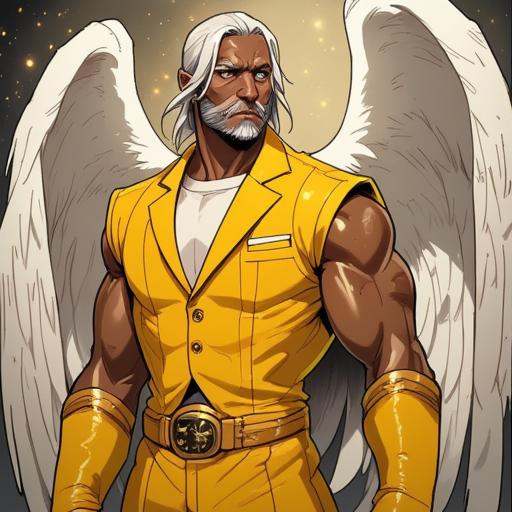 Picture in Sinozicklabstylemix that focuses on muscular,  dark-skinned male,  4 winged angel wearing a yellow suit with st...