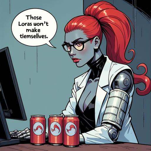 Picture in Sinozicklabstylemix that focuses on grey skinned succubus with left robotic arm,  she is wearing a lab coat and...