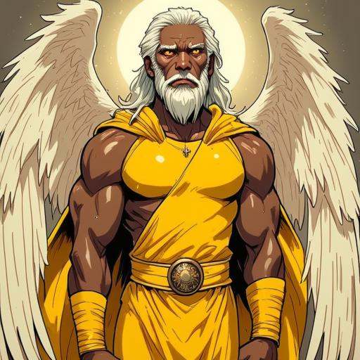 Picture in Sinozicklabstylemix that focuses on muscular,  dark-skinned male,  4 winged angel wearing a yellow suit with st...