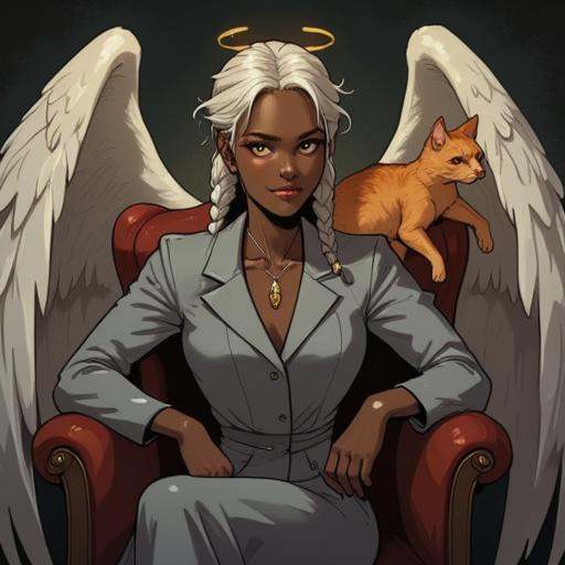 Picture in Sinozicklabstylemix that focuses on dark-skinned female angel,  with 2 wings,  she is wearing a grey suit on Te...