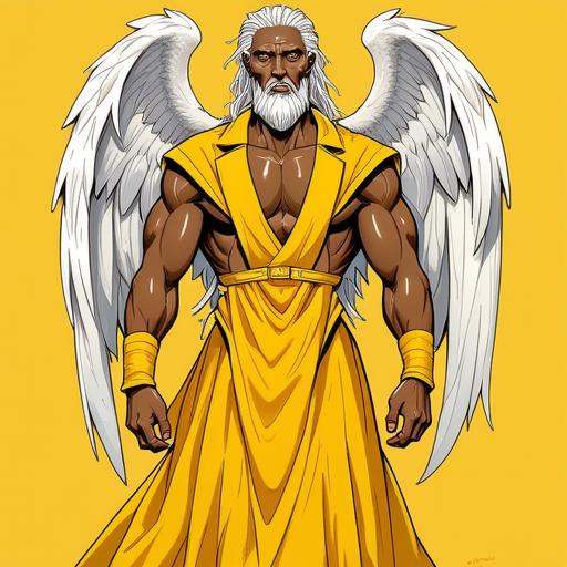 Picture in Sinozicklabstylemix that focuses on muscular,  dark-skinned male,  4 winged angel wearing a yellow suit with st...