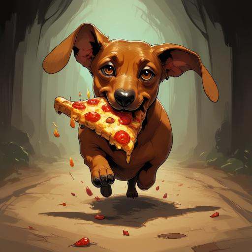Digital ilustration in style of NeonhadesmixV2 of a dachshund running away with a big slice of pizza in his mouth on Tenso...