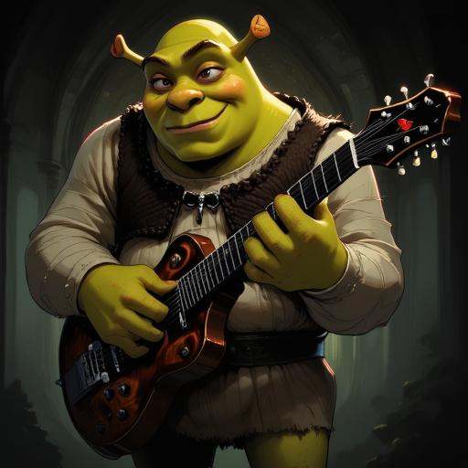 Digital ilustration in style of NeonhadesmixV2 of Shrek playing on a eletrctic guitar on Tensor.Art