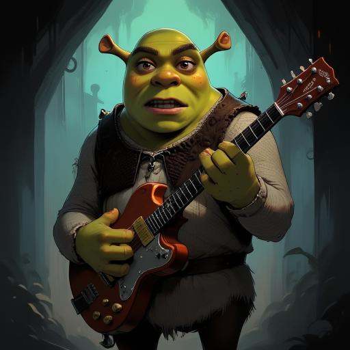 Digital ilustration in style of NeonhadesmixV2 of Shrek playing on a eletrctic guitar on Tensor.Art