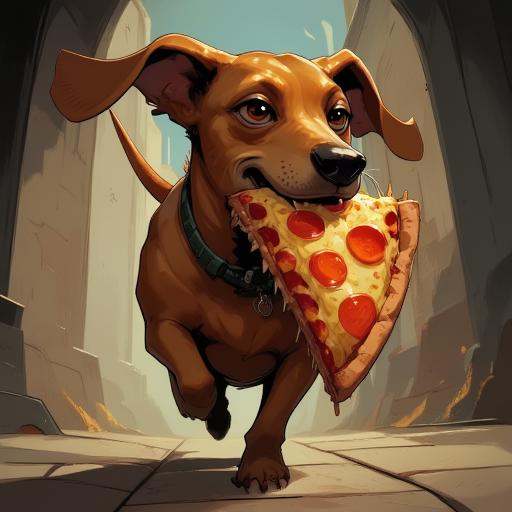 Digital ilustration in style of NeonhadesmixV2 of a dachshund running away with a big slice of pizza in his mouth on Tenso...