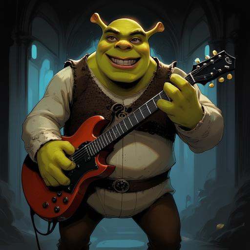 Digital ilustration in style of NeonhadesmixV2 of Shrek playing on a eletrctic guitar on Tensor.Art